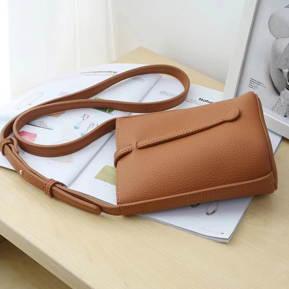 1022 Small PU Leather Bucket Bag Crossbody Shoulder Bag Daypack Phone Carrying Clutch Pouch - Dark Brown - 3