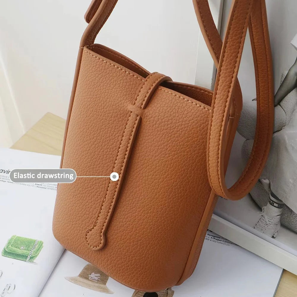 1022 Small PU Leather Bucket Bag Crossbody Shoulder Bag Daypack Phone Carrying Clutch Pouch - Dark Brown - 4