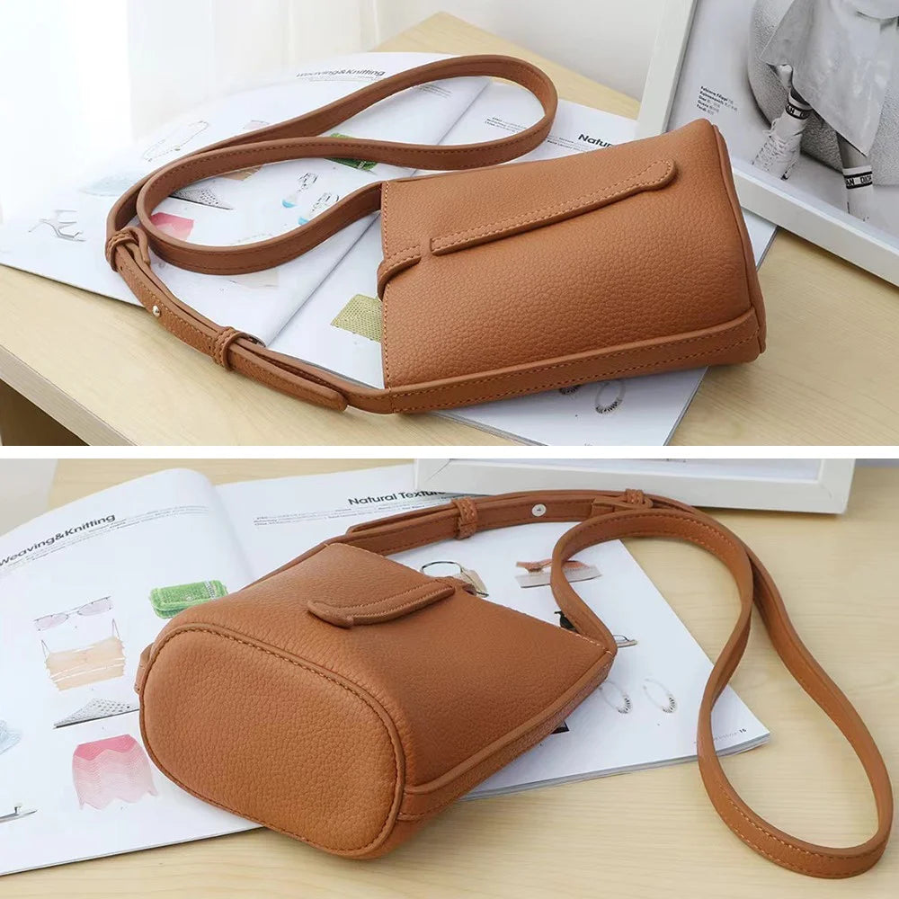 1022 Small PU Leather Bucket Bag Crossbody Shoulder Bag Daypack Phone Carrying Clutch Pouch - Dark Brown - 5