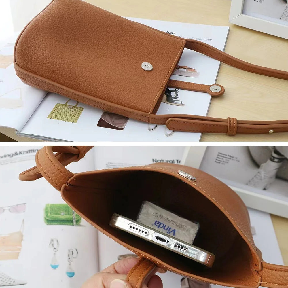 1022 Small PU Leather Bucket Bag Crossbody Shoulder Bag Daypack Phone Carrying Clutch Pouch - Dark Brown - 7