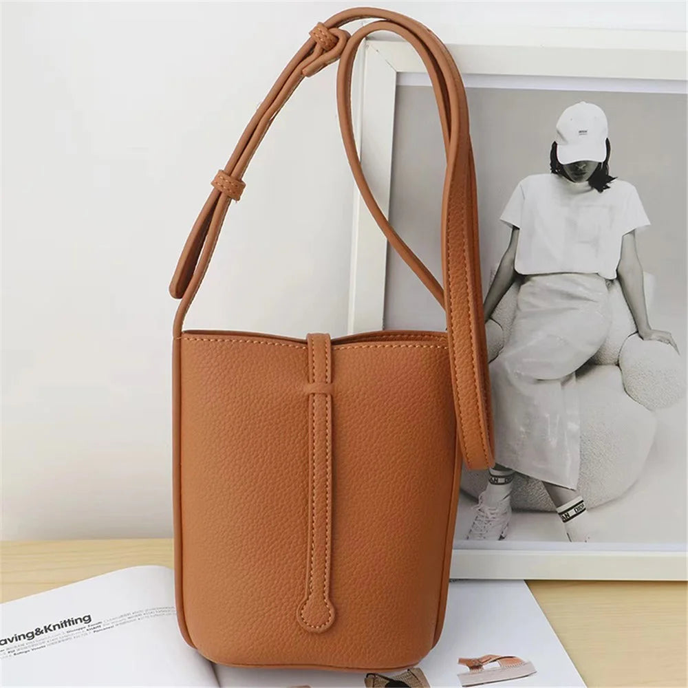 Stylish Casual PU Leather Women Crossbody Bag Phone Carrying Small Bucket Bag - Brown - 2
