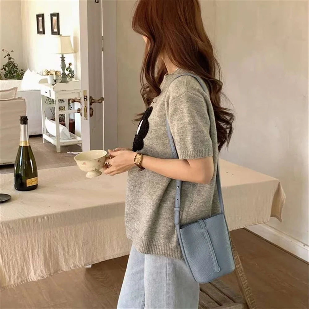 Stylish Casual PU Leather Women Crossbody Bag Phone Carrying Small Bucket Bag - Brown - 3