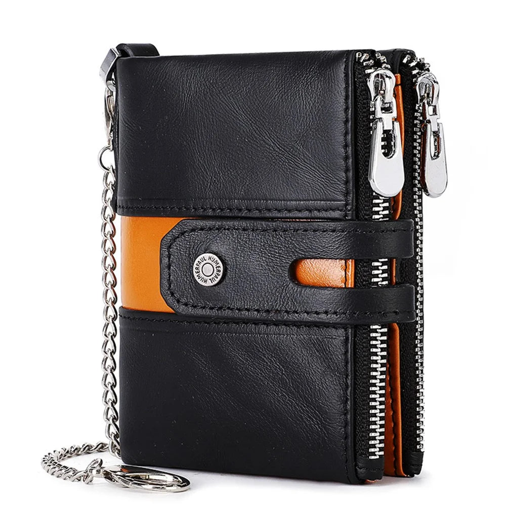 HUMERPAUL BP901 Retro Dual Zippered Wallet RFID Blocking Top Layer Cowhide Leather Card Slot Coin Purse with Chain - Black - 1