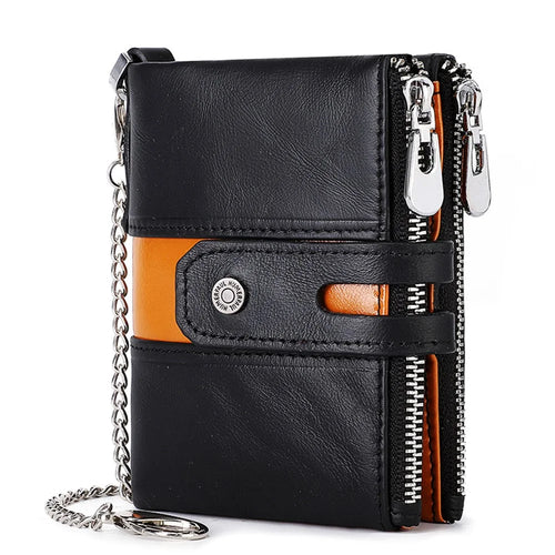 HUMERPAUL BP901 Retro Dual Zippered Wallet RFID Blocking Top Layer Cowhide Leather Card Slot Coin Purse with Chain - Black - 1