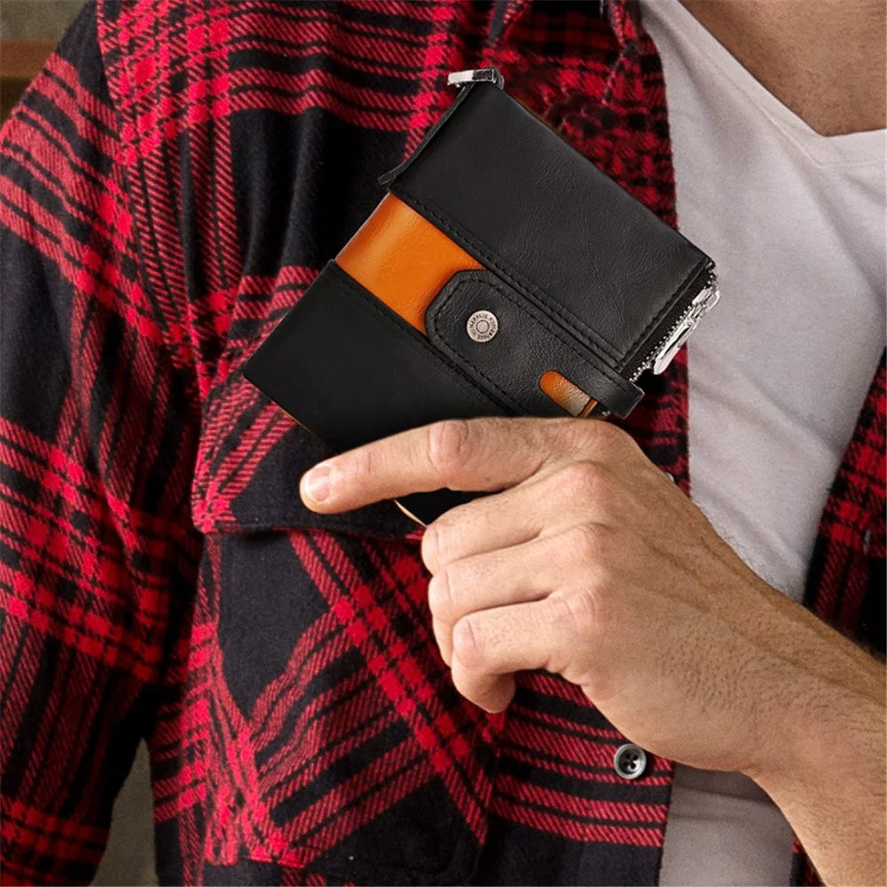 HUMERPAUL BP901 Retro Dual Zippered Wallet RFID Blocking Top Layer Cowhide Leather Card Slot Coin Purse with Chain - Black - 2