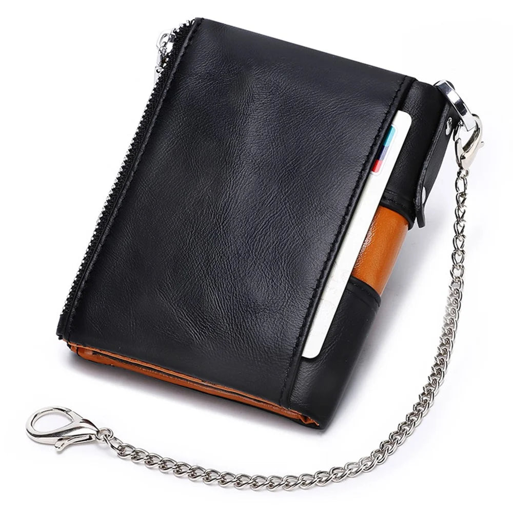 HUMERPAUL BP901 Retro Dual Zippered Wallet RFID Blocking Top Layer Cowhide Leather Card Slot Coin Purse with Chain - Black - 3