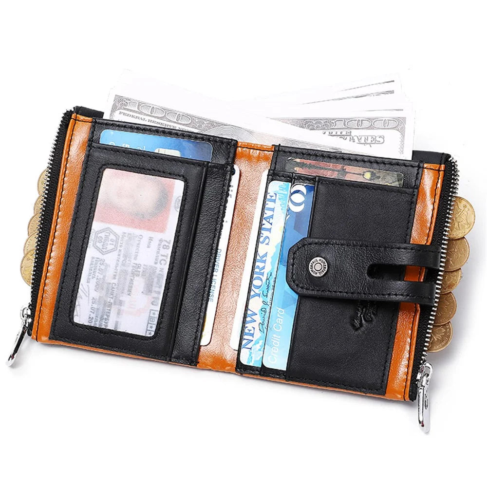 HUMERPAUL BP901 Retro Dual Zippered Wallet RFID Blocking Top Layer Cowhide Leather Card Slot Coin Purse with Chain - Black - 4