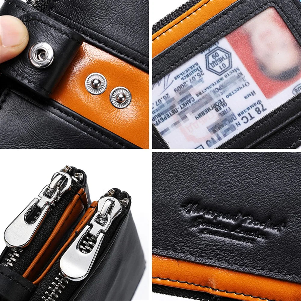 HUMERPAUL BP901 Retro Dual Zippered Wallet RFID Blocking Top Layer Cowhide Leather Card Slot Coin Purse with Chain - Black - 7