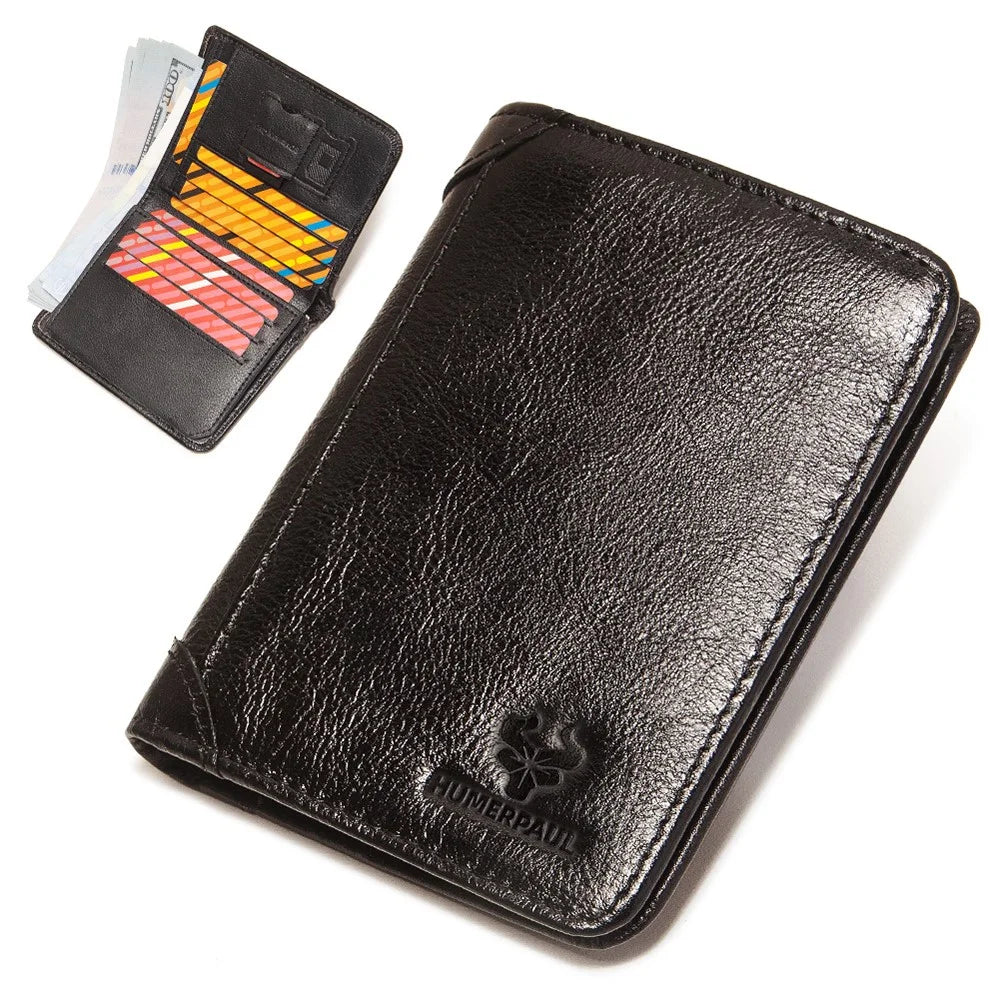 HUMERPAUL BP722 Top Layer Cowhide Leather Slim Wallet RFID Blocking Card Slot Coin Purse Bag - Black - 1