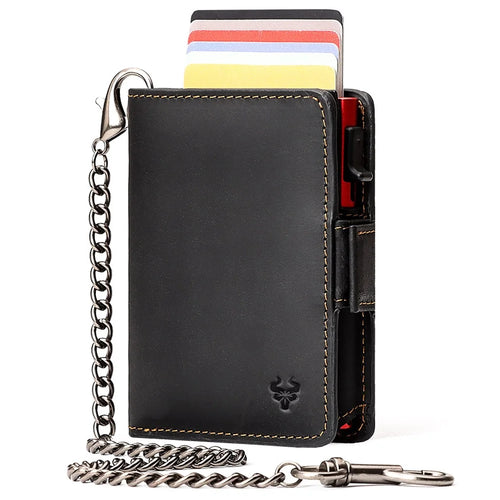 HUMERPAUL BP713 RFID Blocking Wallet Top Layer Cowhide Leather Metal Card Slot Coin Purse with Chain - Black - 1