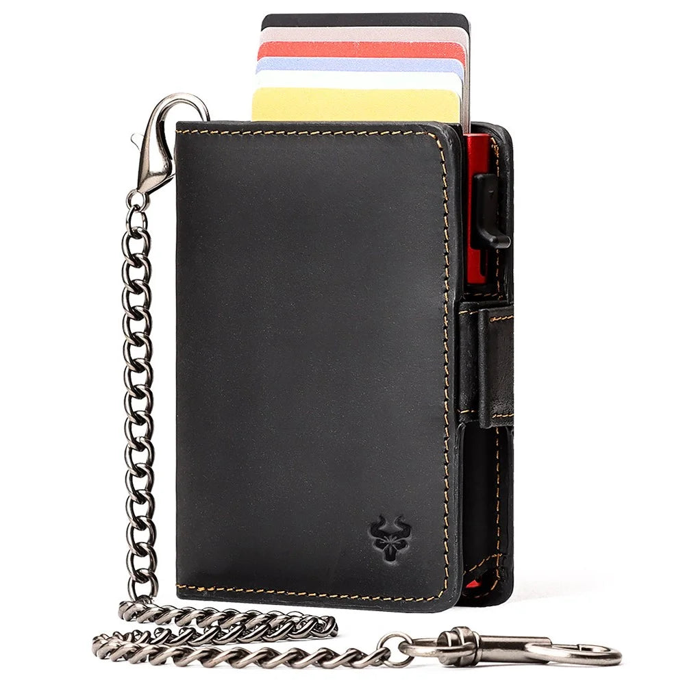 HUMERPAUL BP713 RFID Blocking Wallet Top Layer Cowhide Leather Metal Card Slot Coin Purse with Chain - Black - 1