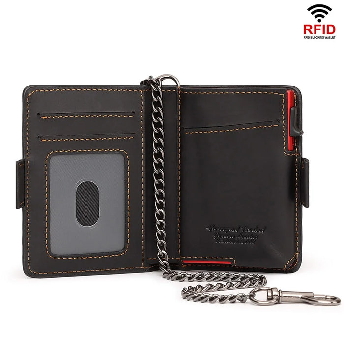 HUMERPAUL BP713 RFID Blocking Wallet Top Layer Cowhide Leather Metal Card Slot Coin Purse with Chain - Black - 4