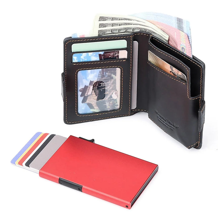 HUMERPAUL BP713 RFID Blocking Wallet Top Layer Cowhide Leather Metal Card Slot Coin Purse with Chain - Black - 5