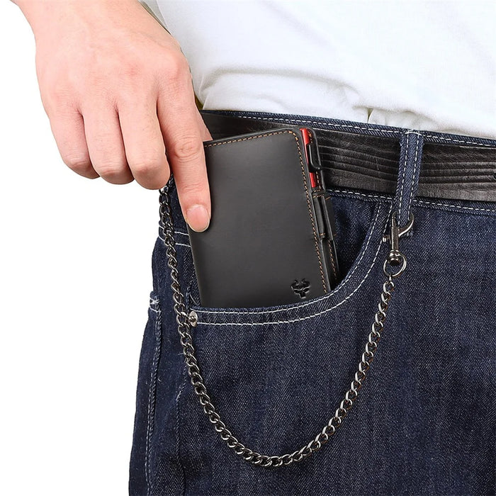 HUMERPAUL BP713 RFID Blocking Wallet Top Layer Cowhide Leather Metal Card Slot Coin Purse with Chain - Black - 6