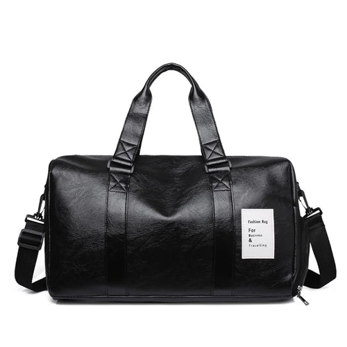 Waterproof PU Leather Duffle Bag Crossbody Shoulder Bag Weekend Overnight Bag Sports Gym Handbag - Black - 1