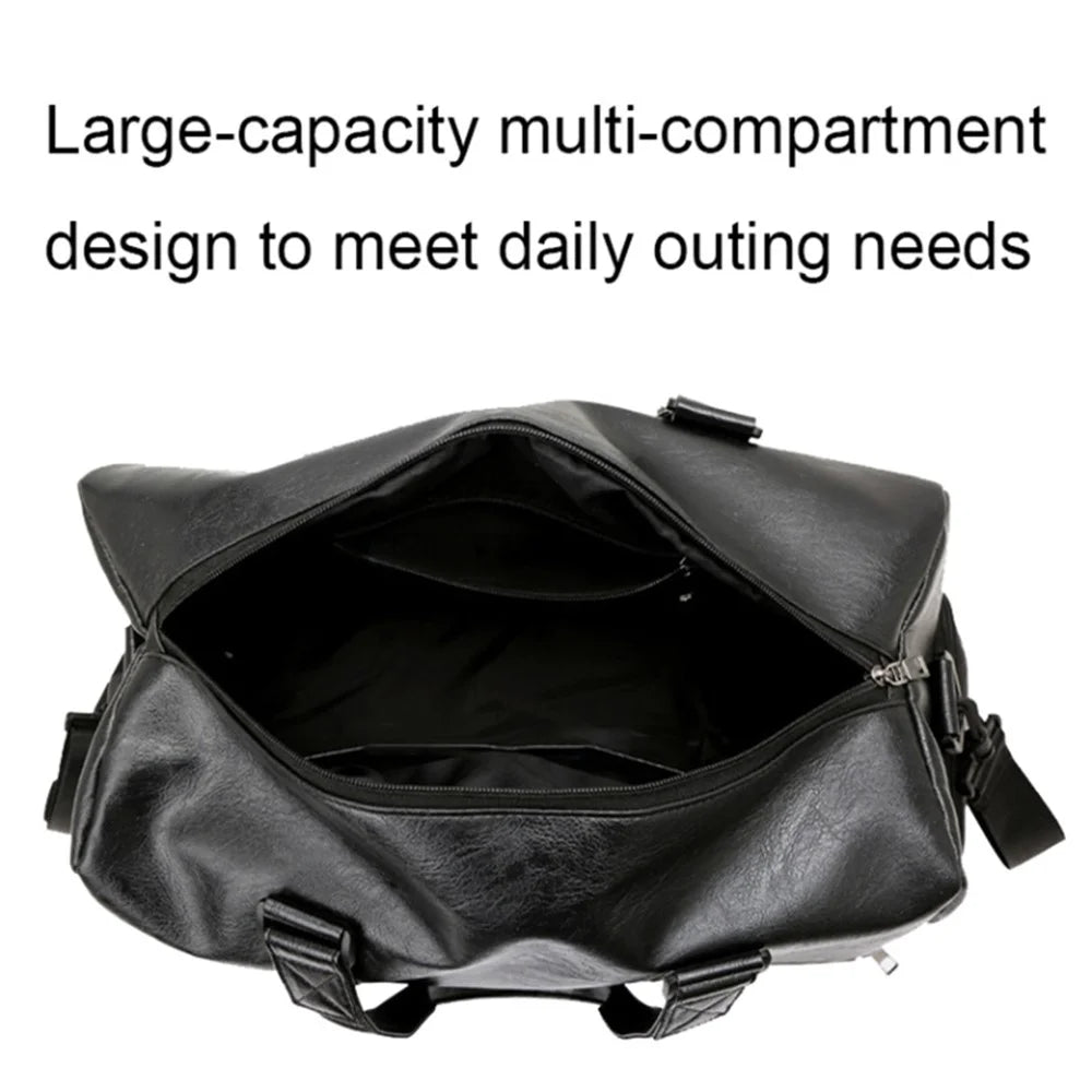Waterproof PU Leather Duffle Bag Crossbody Shoulder Bag Weekend Overnight Bag Sports Gym Handbag - Black - 2