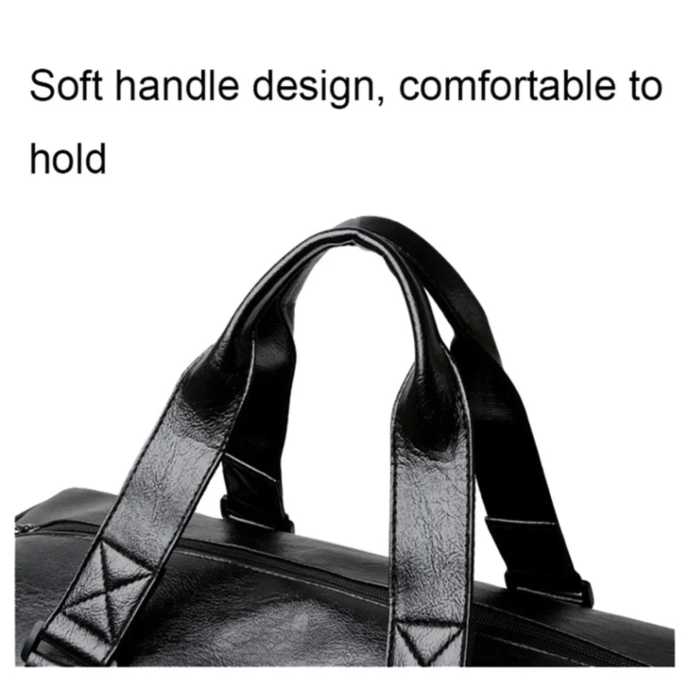Waterproof PU Leather Duffle Bag Crossbody Shoulder Bag Weekend Overnight Bag Sports Gym Handbag - Black - 4