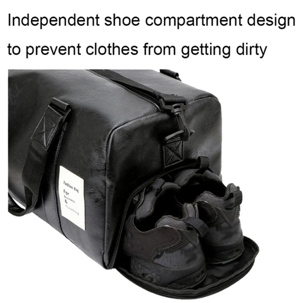 Waterproof PU Leather Duffle Bag Crossbody Shoulder Bag Weekend Overnight Bag Sports Gym Handbag - Black - 5
