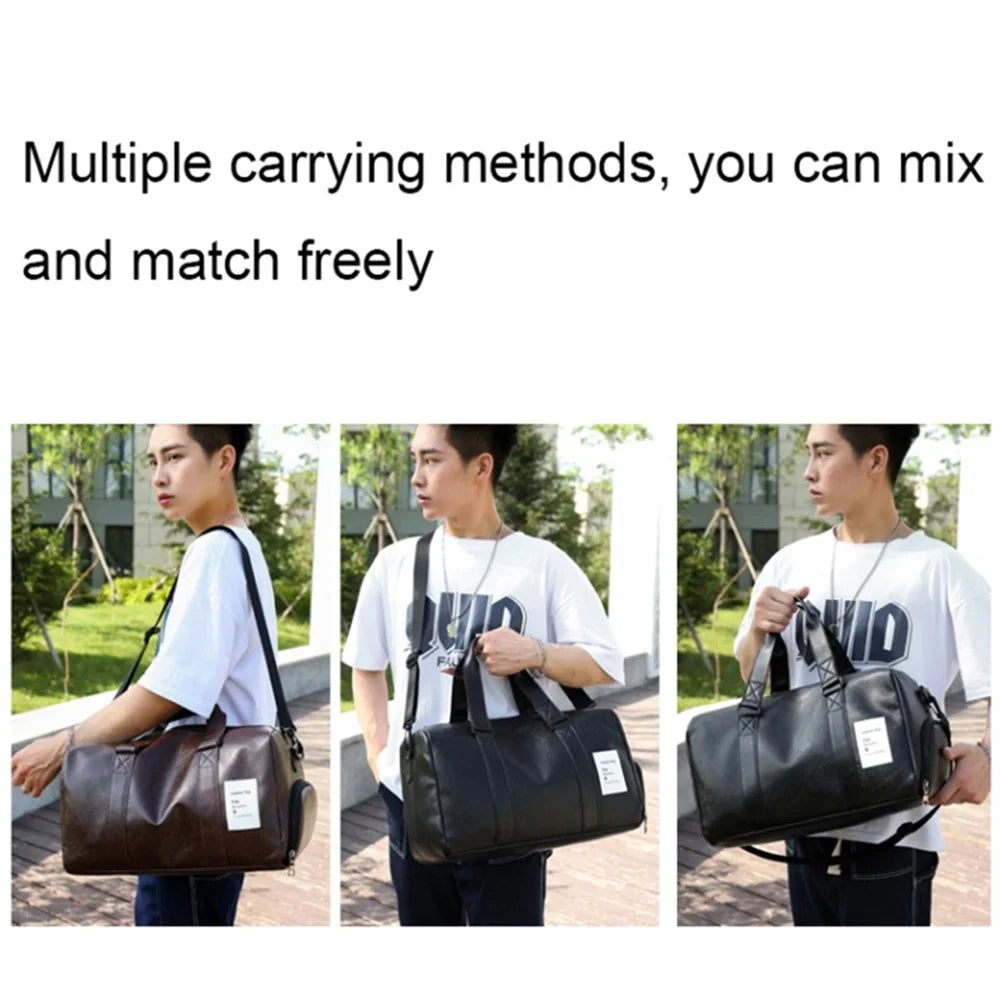 Waterproof PU Leather Duffle Bag Crossbody Shoulder Bag Weekend Overnight Bag Sports Gym Handbag - Black - 6