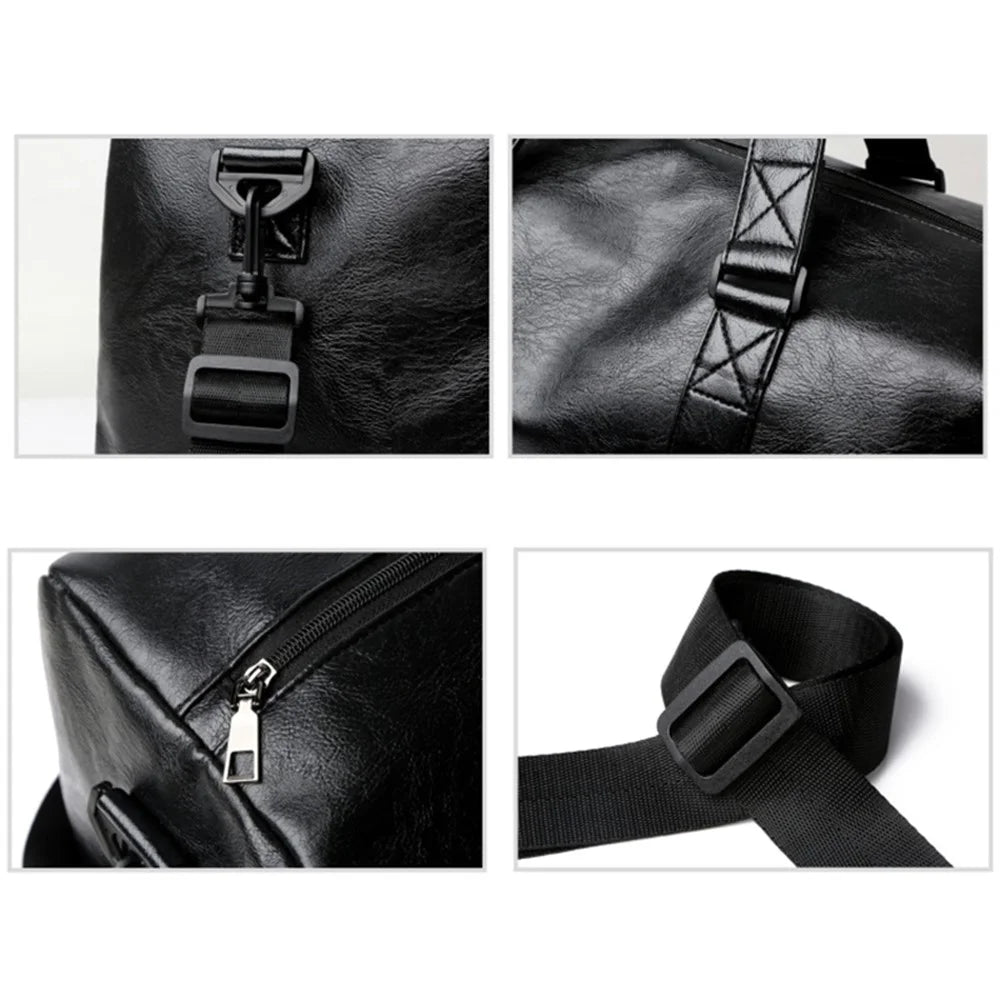 Waterproof PU Leather Duffle Bag Crossbody Shoulder Bag Weekend Overnight Bag Sports Gym Handbag - Black - 7
