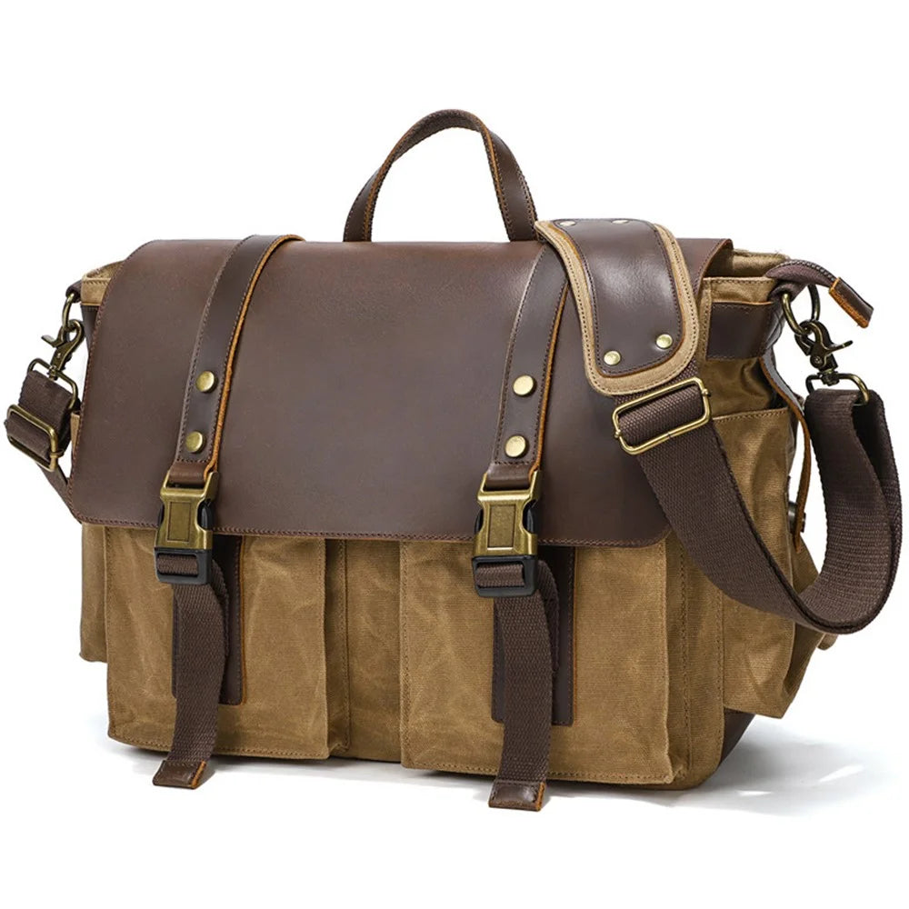 S11 Outdoor Single Shoulder Crossbody Bag Waxed Leather Flap Casual Canvas Bag - Khaki - 1