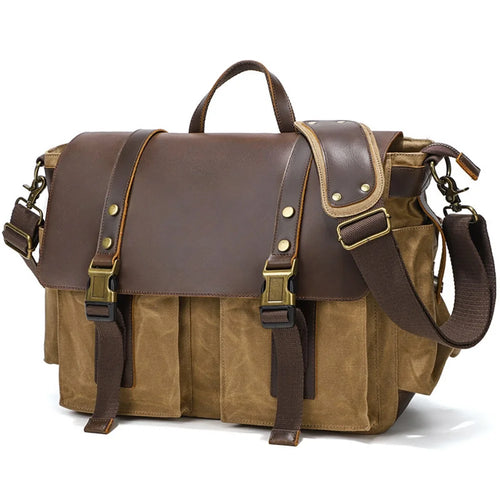 S11 Outdoor Single Shoulder Crossbody Bag Waxed Leather Flap Casual Canvas Bag - Khaki - 1