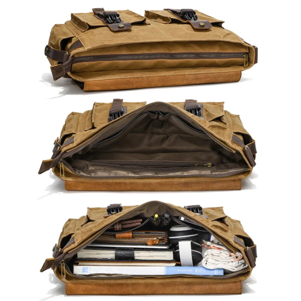 S11 Outdoor Single Shoulder Crossbody Bag Waxed Leather Flap Casual Canvas Bag - Khaki - 5
