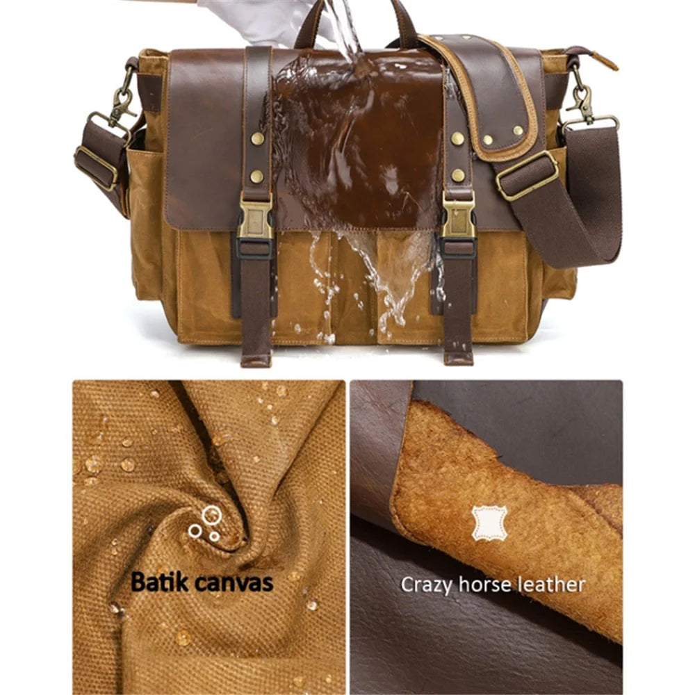 S11 Outdoor Single Shoulder Crossbody Bag Waxed Leather Flap Casual Canvas Bag - Khaki - 6