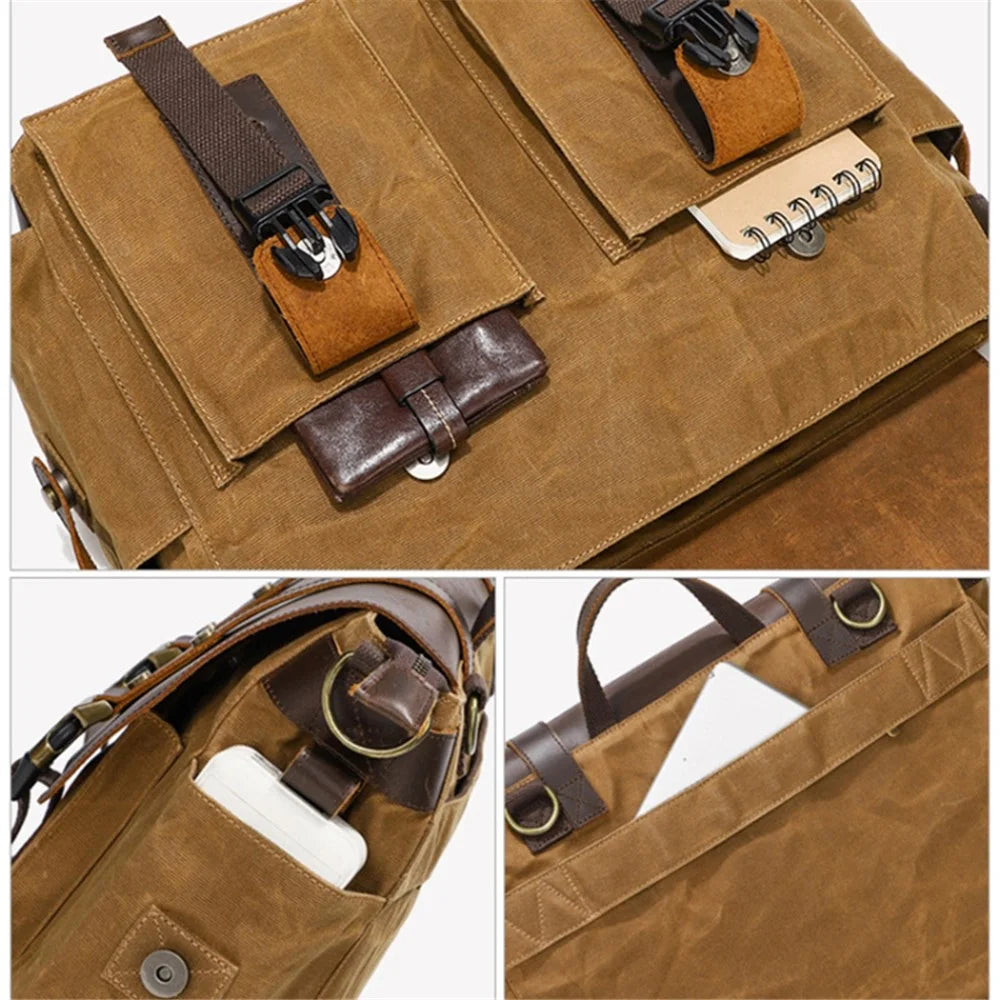 S11 Outdoor Single Shoulder Crossbody Bag Waxed Leather Flap Casual Canvas Bag - Khaki - 7