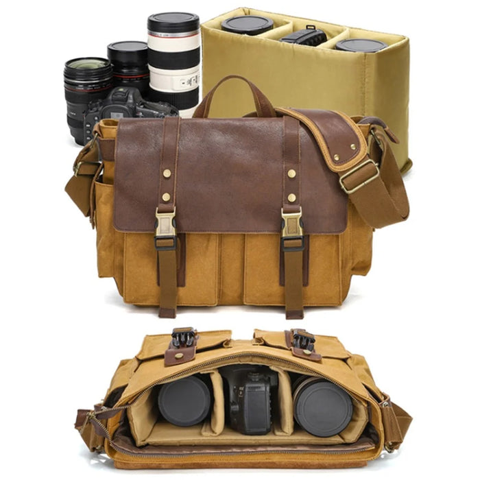S8 Casual Outdoor Crossbody Bag Waxed Leather + Canvas Single Shoulder Travel Bag - Yellow - 2