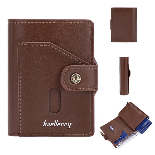 BAELLERRY K9217 PU Leather+Metal Card Holder Case Men's RFID Blocking Wallet Coin Purse Bag Billfold - Brown - 1