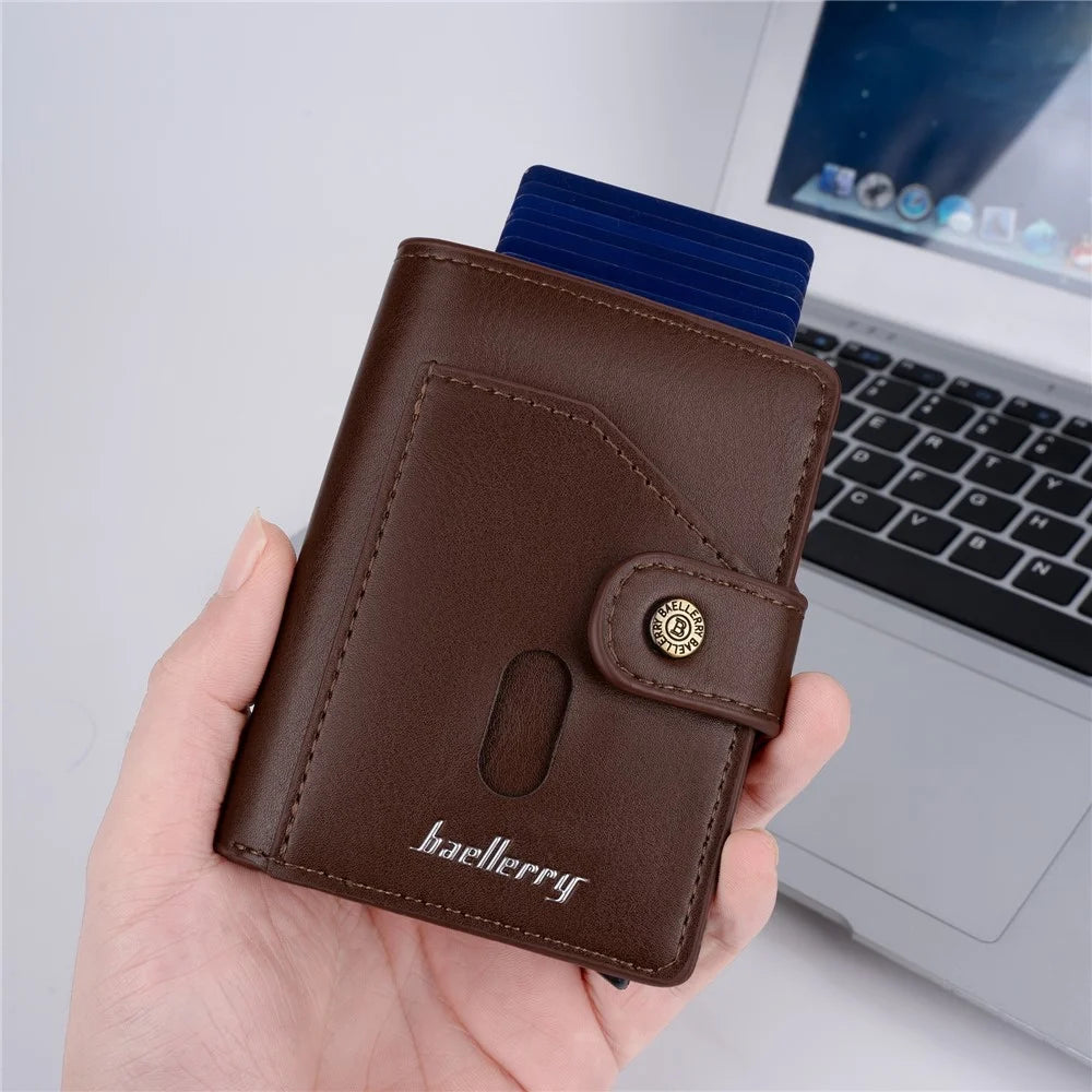 BAELLERRY K9217 PU Leather+Metal Card Holder Case Men's RFID Blocking Wallet Coin Purse Bag Billfold - Brown - 5