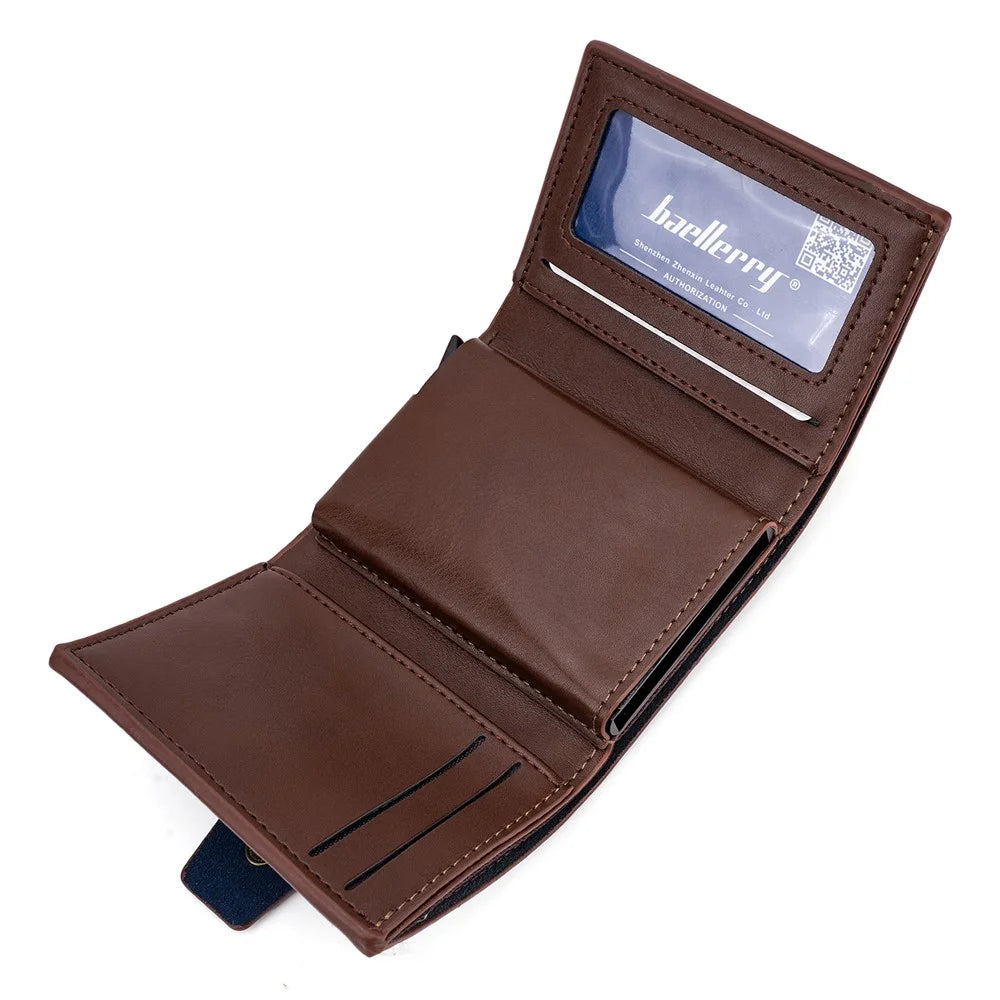 BAELLERRY K9218 RFID Blocking PU Leather Billfold Wallet Aluminum Pop-Up Card Holder - Brown - 2
