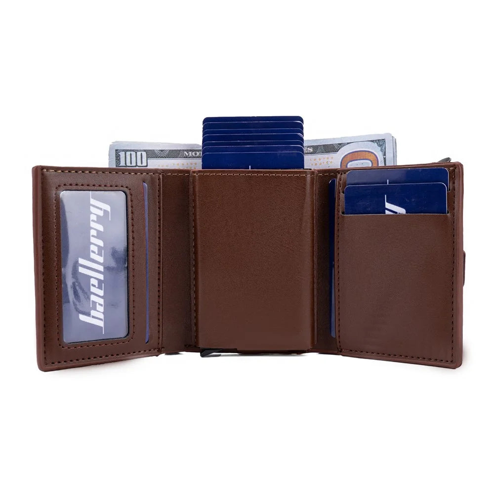 BAELLERRY K9218 RFID Blocking PU Leather Billfold Wallet Aluminum Pop-Up Card Holder - Brown - 3