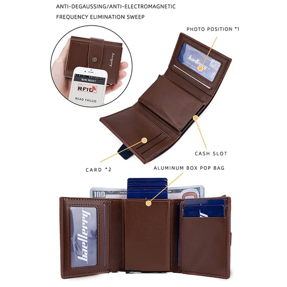 BAELLERRY K9218 RFID Blocking PU Leather Billfold Wallet Aluminum Pop-Up Card Holder - Brown - 4