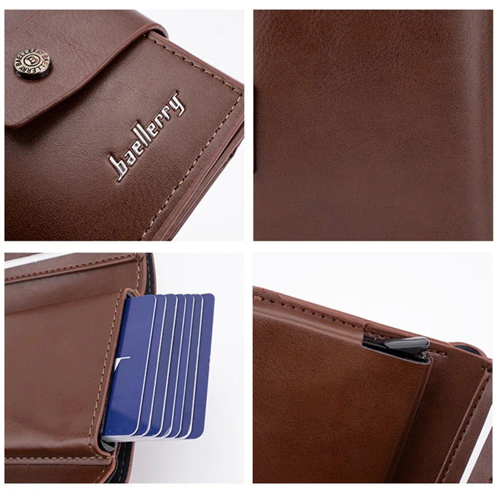 BAELLERRY K9218 RFID Blocking PU Leather Billfold Wallet Aluminum Pop-Up Card Holder - Brown - 5