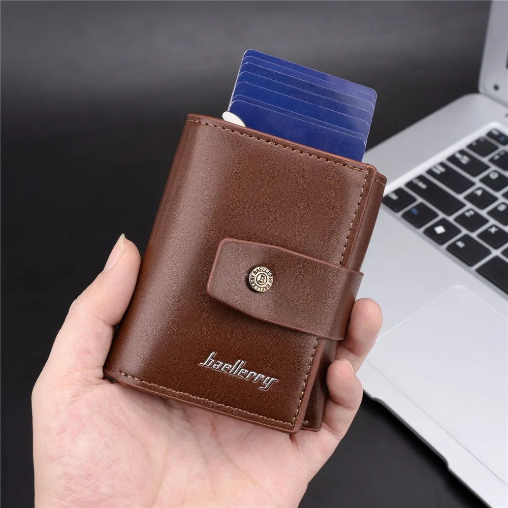 BAELLERRY K9218 RFID Blocking PU Leather Billfold Wallet Aluminum Pop-Up Card Holder - Brown - 6