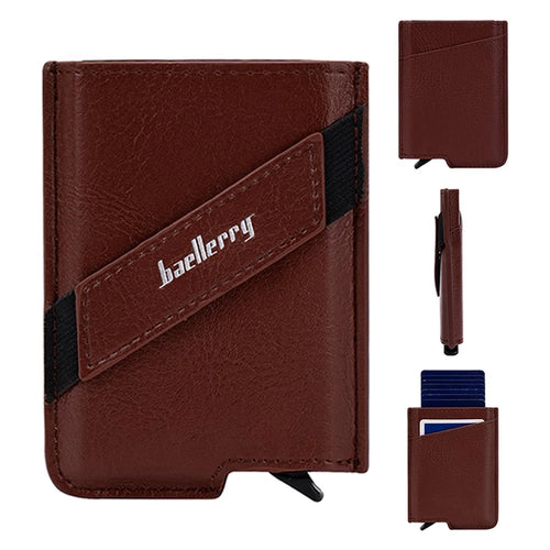 BAELLERRY K9219 Pop-up Men's RFID Blocking Card Holder PU Leather+Metal Card Carrying Case - Brown - 1