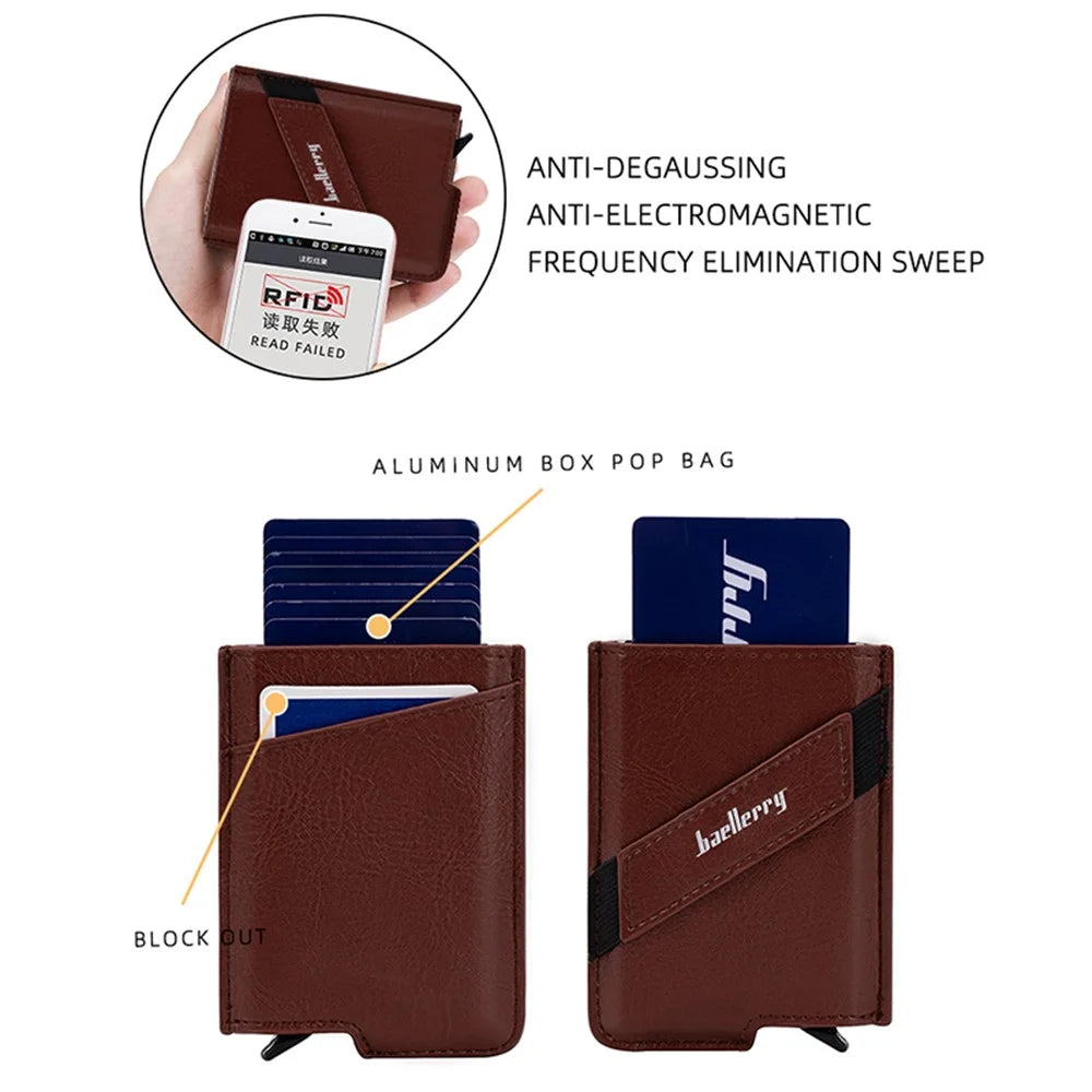 BAELLERRY K9219 Pop-up Men's RFID Blocking Card Holder PU Leather+Metal Card Carrying Case - Brown - 4
