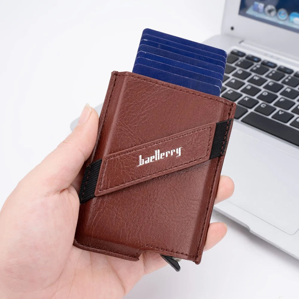 BAELLERRY K9219 Pop-up Men's RFID Blocking Card Holder PU Leather+Metal Card Carrying Case - Brown - 6