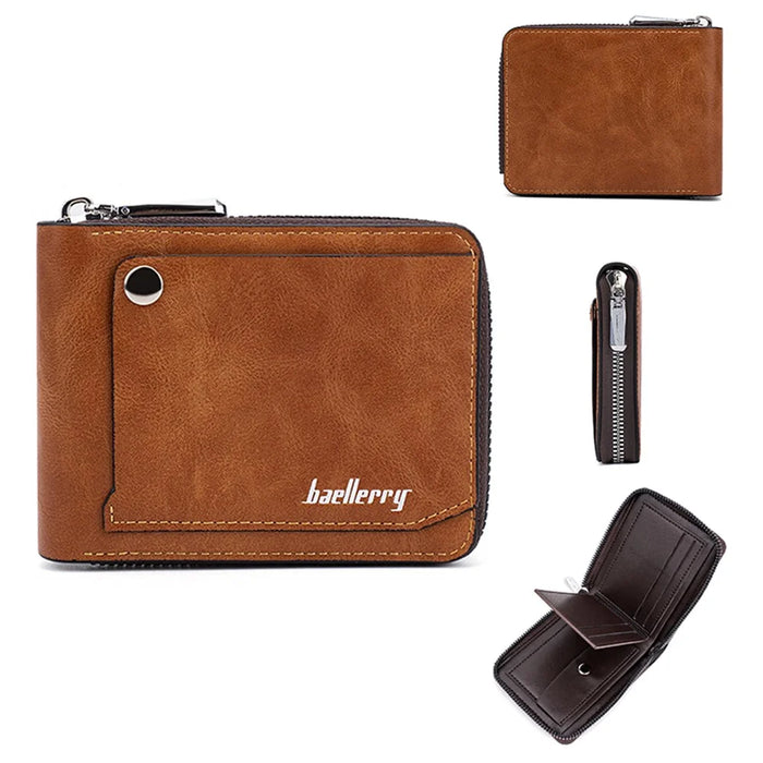 BAELLERRY D5102 PU Leather Card Holder Billfold Men's Retro RFID Blocking Zipper Wallet - Light Brown - 1
