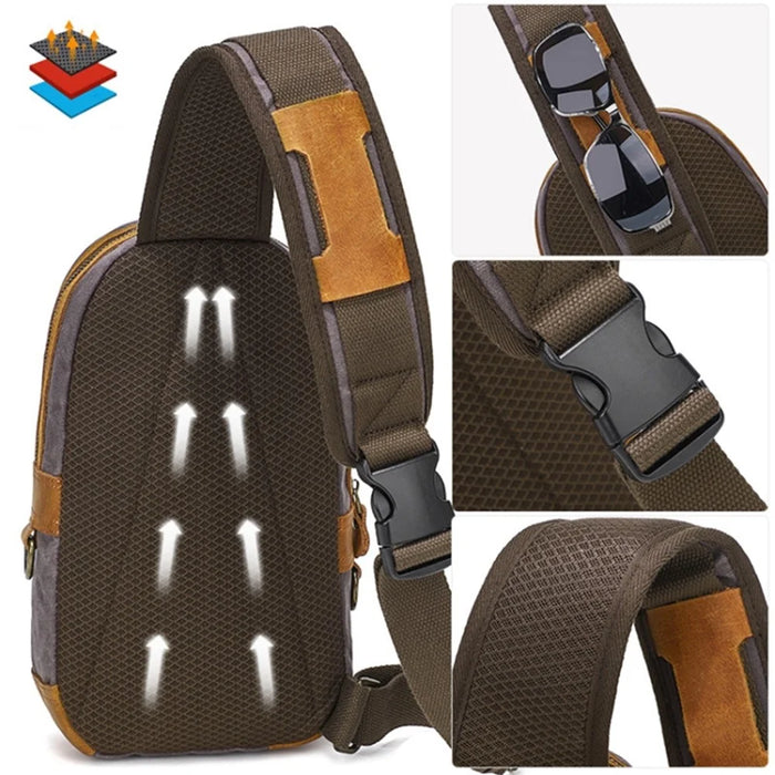 Retro Waxed Canvas+Cowhide Chest Bag Waterproof Men Single Shoulder Crossbody Bag - Grey - 2