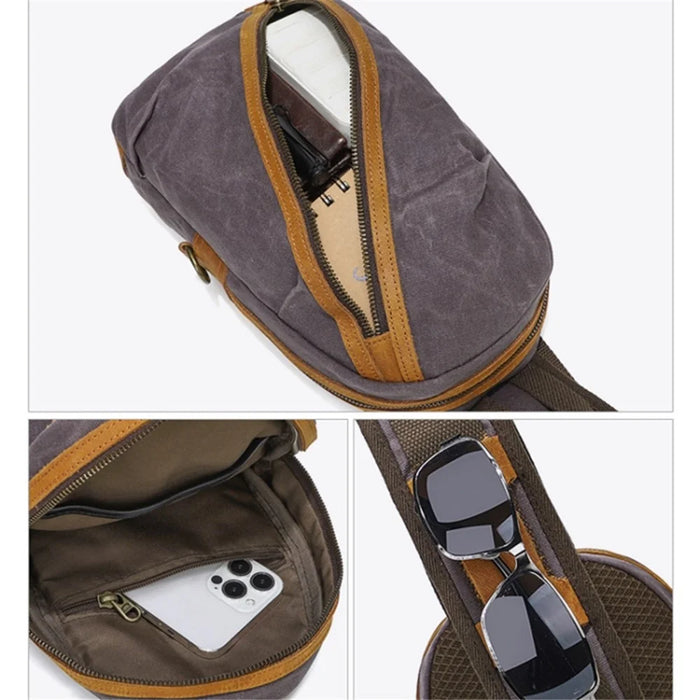 Retro Waxed Canvas+Cowhide Chest Bag Waterproof Men Single Shoulder Crossbody Bag - Grey - 4