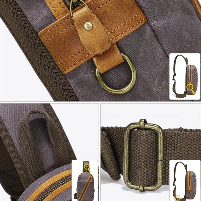 Retro Waxed Canvas+Cowhide Chest Bag Waterproof Men Single Shoulder Crossbody Bag - Grey - 6