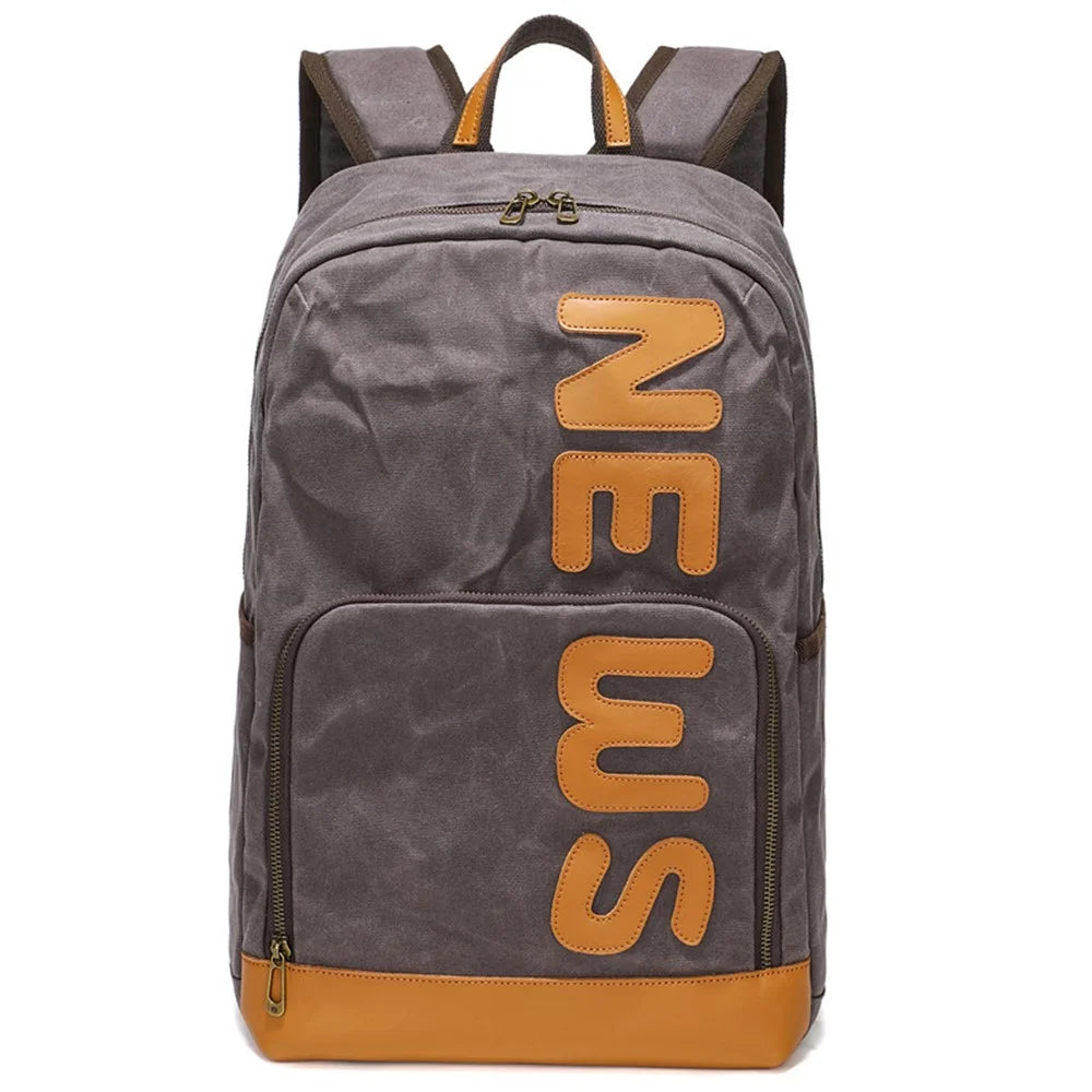 Retro Canvas+Cowhide Waterproof Backpack Student Men Dual Shoulder Laptop Bag - Grey - 1