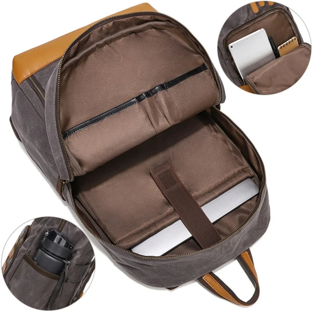 Retro Canvas+Cowhide Waterproof Backpack Student Men Dual Shoulder Laptop Bag - Grey - 2