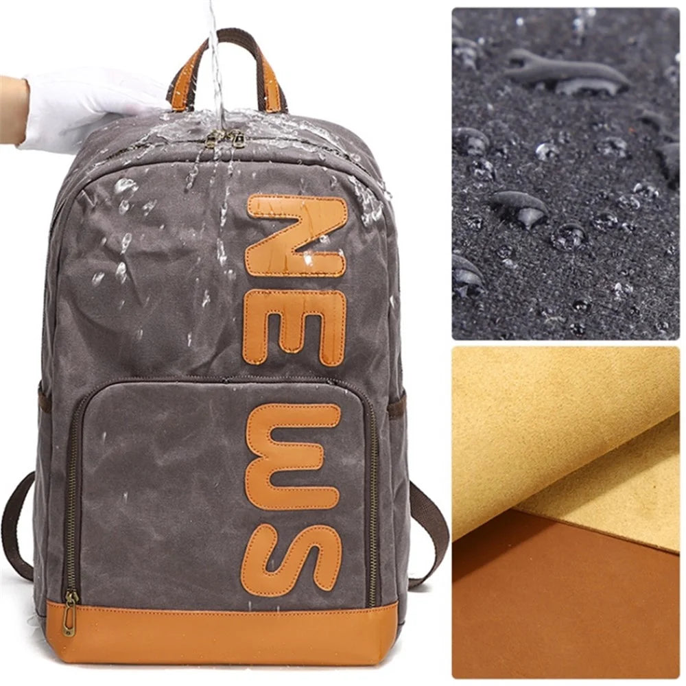Retro Canvas+Cowhide Waterproof Backpack Student Men Dual Shoulder Laptop Bag - Grey - 3