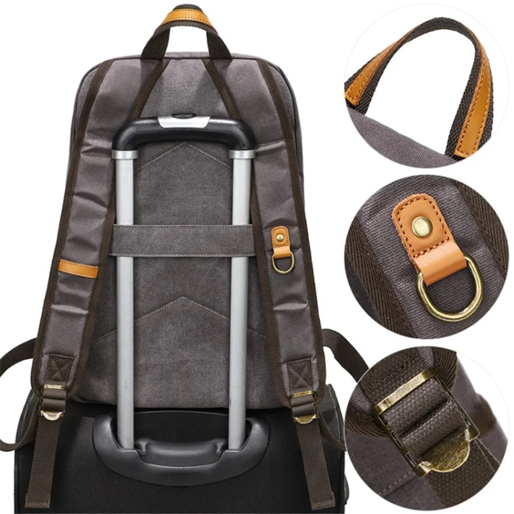 Retro Canvas+Cowhide Waterproof Backpack Student Men Dual Shoulder Laptop Bag - Grey - 4