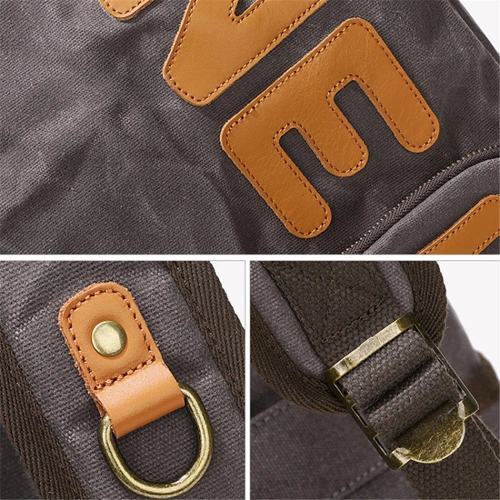 Retro Canvas+Cowhide Waterproof Backpack Student Men Dual Shoulder Laptop Bag - Grey - 5