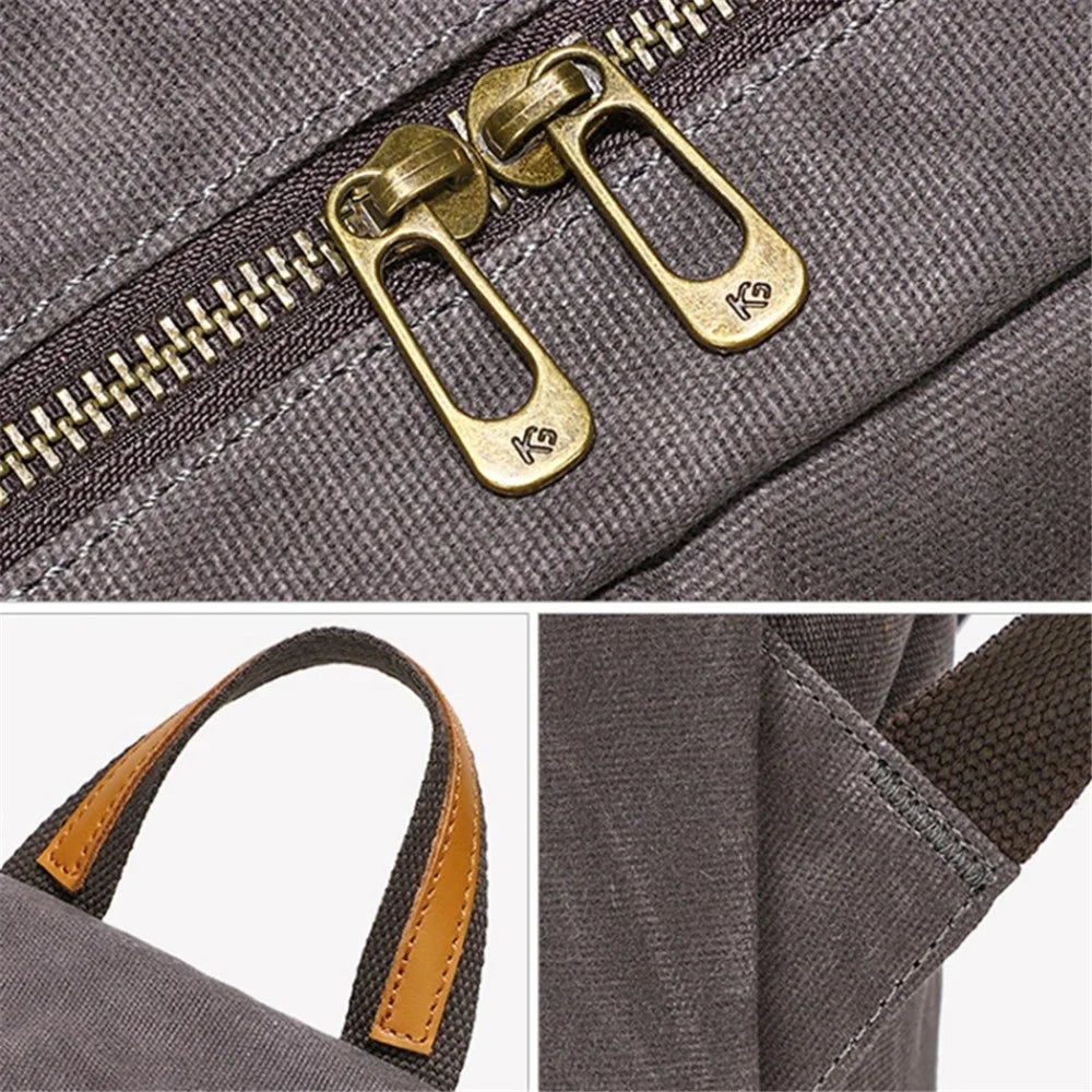 Retro Canvas+Cowhide Waterproof Backpack Student Men Dual Shoulder Laptop Bag - Grey - 6